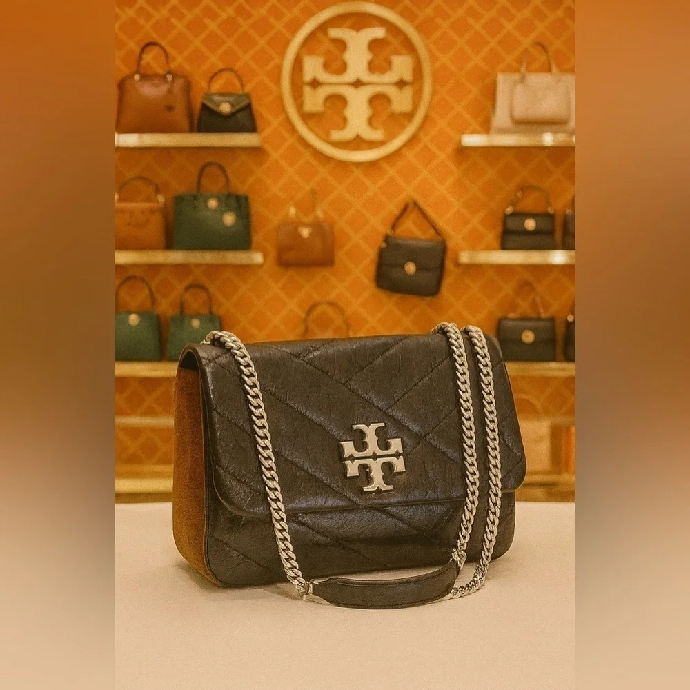 Tory Burch Kira Black Glazed Leather Crossbody Shoulder Bag Silver Hardware